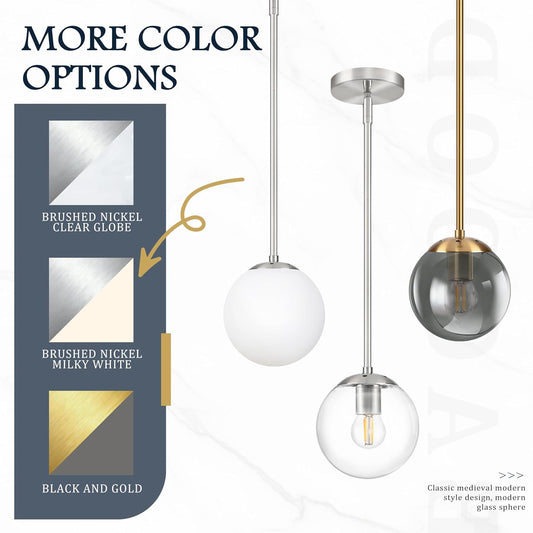10 Inch Globe Pendant Light Nickel Globe Pendant Lights Kitchen Island Mid Century Light Fixture with Hight Clear Glass Contemporary Adjustable Hanging Lights for Dining Room (Bulb Included)