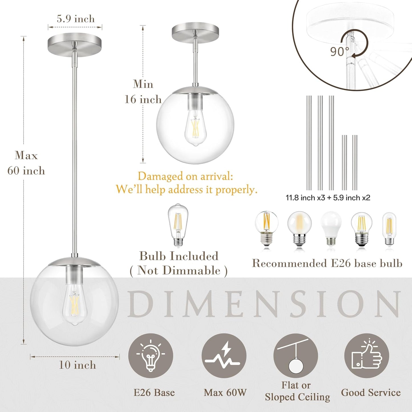 10 Inch Globe Pendant Light Nickel Globe Pendant Lights Kitchen Island Mid Century Light Fixture with Hight Clear Glass Contemporary Adjustable Hanging Lights for Dining Room (Bulb Included)