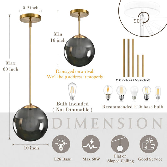 10 Inch Globe Pendant Light Gold Globe Pendant Lights Kitchen Island Mid Century Light Fixture with Gray Clear Glass Contemporary Adjustable Hanging Lights for Dining Room (Bulb Included)
