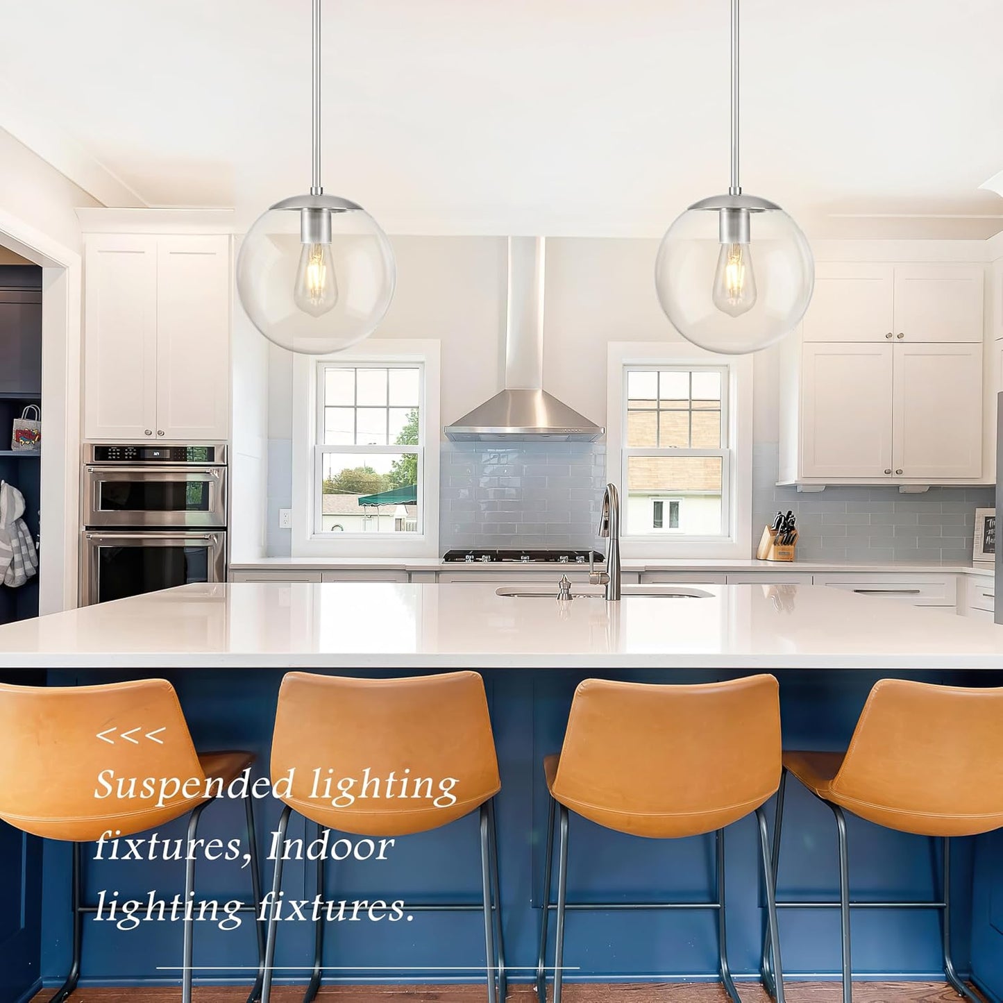 10 Inch Globe Pendant Light Nickel Globe Pendant Lights Kitchen Island Mid Century Light Fixture with Hight Clear Glass Contemporary Adjustable Hanging Lights for Dining Room (Bulb Included)