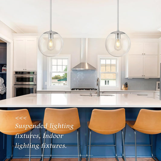 10 Inch Globe Pendant Light Nickel Globe Pendant Lights Kitchen Island Mid Century Light Fixture with Hight Clear Glass Contemporary Adjustable Hanging Lights for Dining Room (Bulb Included)