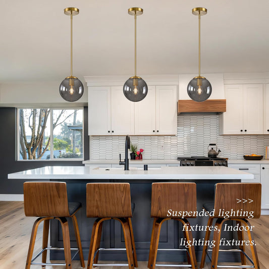 8 Inch Globe Pendant Light Gold Globe Pendant Lights Kitchen Island Mid Century Light Fixture with Gray Clear Glass Contemporary Adjustable Hanging Lights for Dining Room (Bulb Included)