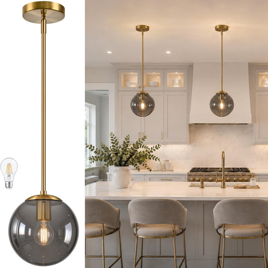 8 Inch Globe Pendant Light Gold Globe Pendant Lights Kitchen Island Mid Century Light Fixture with Gray Clear Glass Contemporary Adjustable Hanging Lights for Dining Room (Bulb Included)