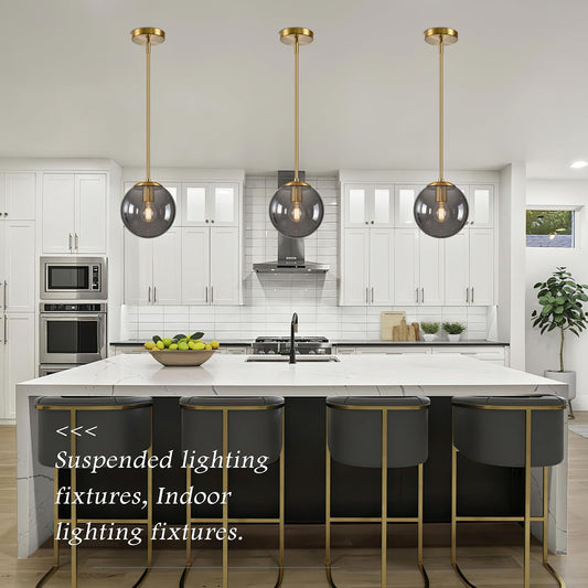8 Inch Globe Pendant Light Gold Globe Pendant Lights Kitchen Island Mid Century Light Fixture with Gray Clear Glass Contemporary Adjustable Hanging Lights for Dining Room (Bulb Included)