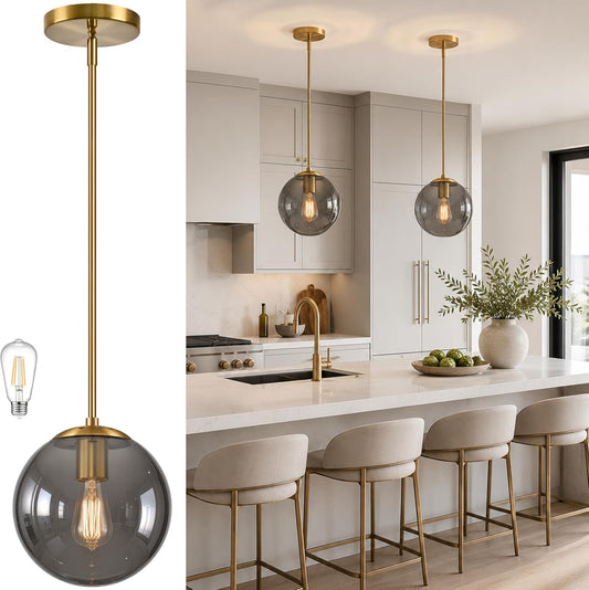 10 Inch Globe Pendant Light Gold Globe Pendant Lights Kitchen Island Mid Century Light Fixture with Gray Clear Glass Contemporary Adjustable Hanging Lights for Dining Room (Bulb Included)