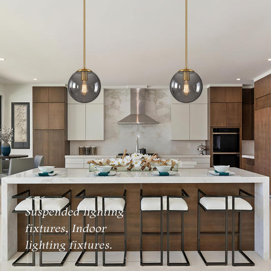 10 Inch Globe Pendant Light Gold Globe Pendant Lights Kitchen Island Mid Century Light Fixture with Gray Clear Glass Contemporary Adjustable Hanging Lights for Dining Room (Bulb Included)