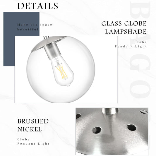 10 Inch Globe Pendant Light Nickel Globe Pendant Lights Kitchen Island Mid Century Light Fixture with Hight Clear Glass Contemporary Adjustable Hanging Lights for Dining Room (Bulb Included)