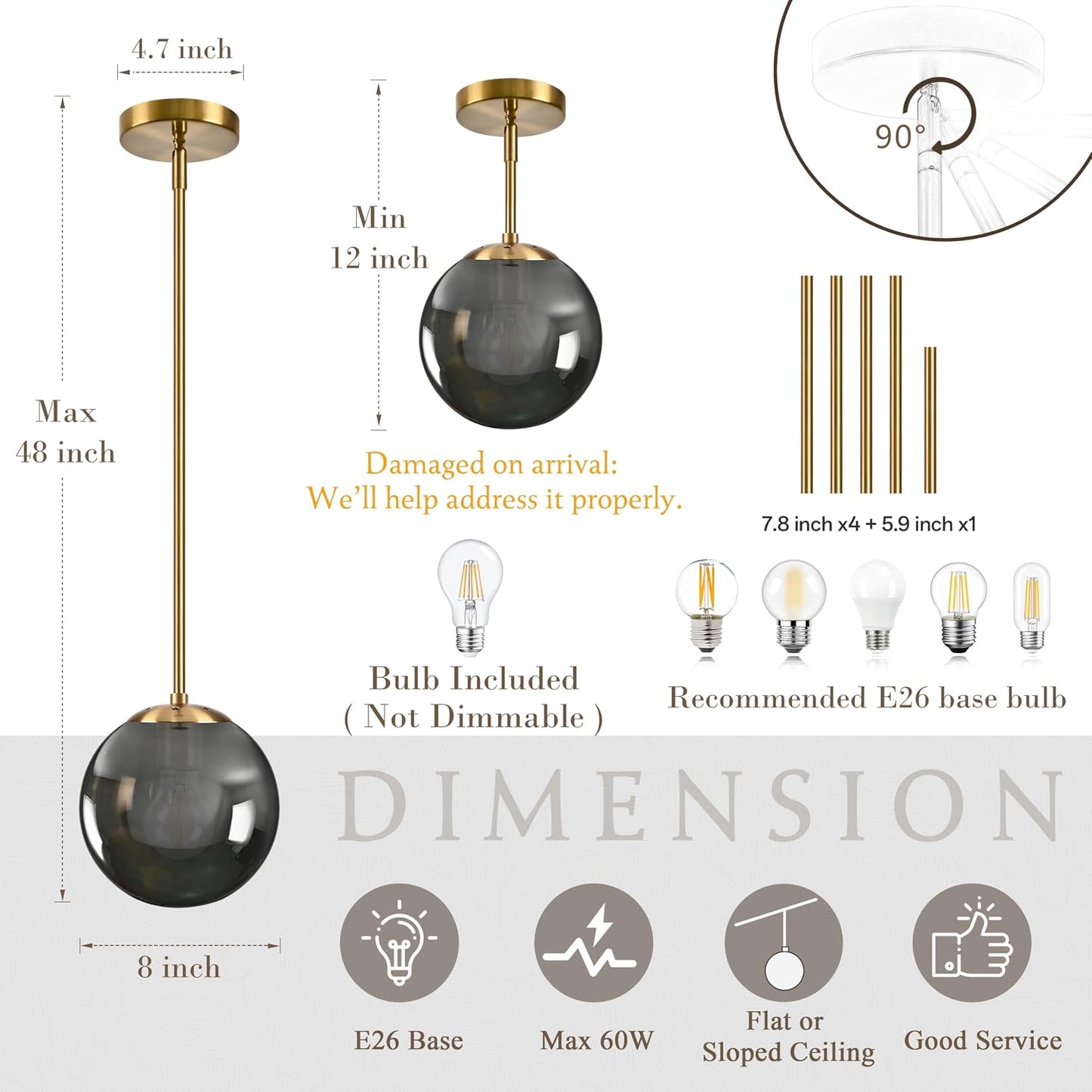8 Inch Globe Pendant Light Gold Globe Pendant Lights Kitchen Island Mid Century Light Fixture with Gray Clear Glass Contemporary Adjustable Hanging Lights for Dining Room (Bulb Included)