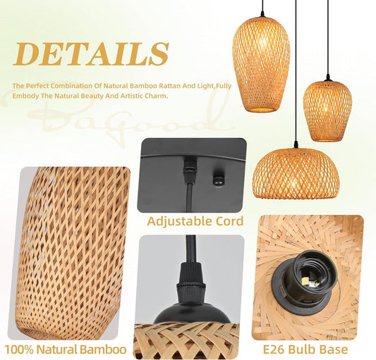 3-Light Rattan Pendant Light Rattan Chandelier Light Fixture Boho Chandelier Light Fixture Hand-Woven Bamboo Chandeliers 3-Light Bamboo Pendant Light for Living Room Dining Room (Bulb Incl.)