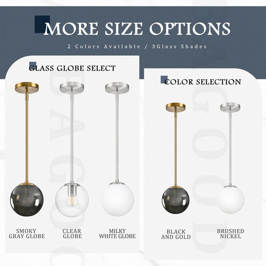 10 Inch Globe Pendant Light Gold Globe Pendant Lights Kitchen Island Mid Century Light Fixture with Gray Clear Glass Contemporary Adjustable Hanging Lights for Dining Room (Bulb Included)
