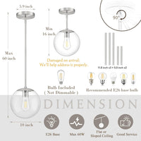 10 Inch Globe Pendant Light Nickel Globe Pendant Lights Kitchen Island Mid Century Light Fixture with Hight Clear Glass Contemporary Adjustable Hanging Lights for Dining Room (Bulb Included)