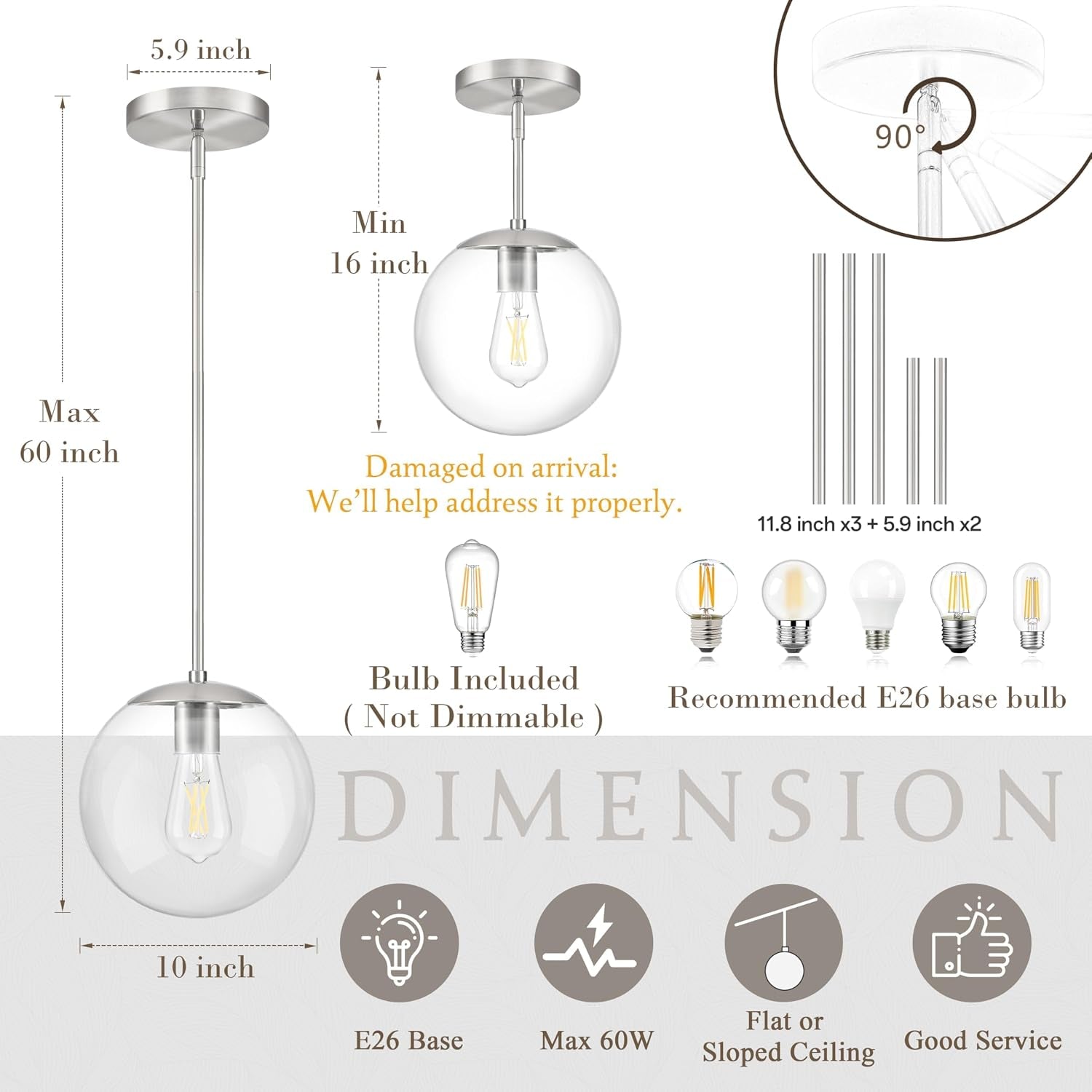 10 Inch Globe Pendant Light Nickel Globe Pendant Lights Kitchen Island Mid Century Light Fixture with Hight Clear Glass Contemporary Adjustable Hanging Lights for Dining Room (Bulb Included)