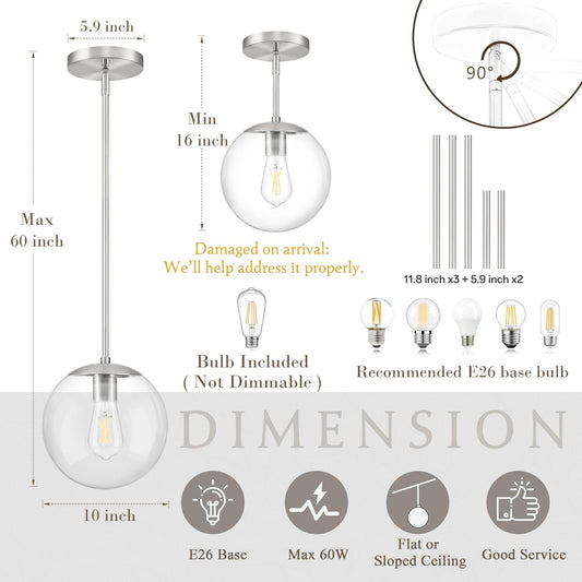 10 Inch Globe Pendant Light Nickel Globe Pendant Lights Kitchen Island Mid Century Light Fixture with Hight Clear Glass Contemporary Adjustable Hanging Lights for Dining Room (Bulb Included)