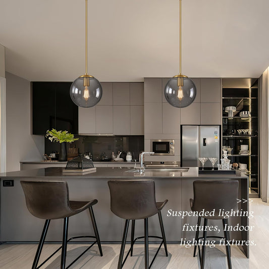 10 Inch Globe Pendant Light Gold Globe Pendant Lights Kitchen Island Mid Century Light Fixture with Gray Clear Glass Contemporary Adjustable Hanging Lights for Dining Room (Bulb Included)