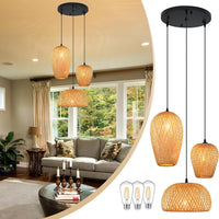 3-Light Rattan Pendant Light Rattan Chandelier Light Fixture Boho Chandelier Light Fixture Hand-Woven Bamboo Chandeliers 3-Light Bamboo Pendant Light for Living Room Dining Room (Bulb Incl.)