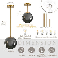 10 Inch Globe Pendant Light Gold Globe Pendant Lights Kitchen Island Mid Century Light Fixture with Gray Clear Glass Contemporary Adjustable Hanging Lights for Dining Room (Bulb Included)