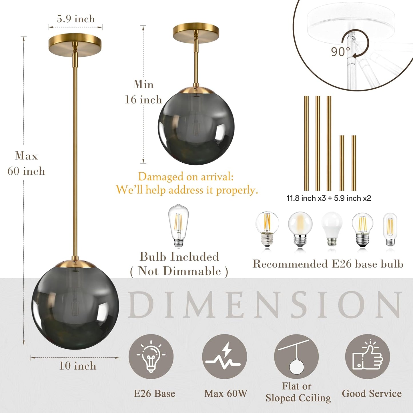 10 Inch Globe Pendant Light Gold Globe Pendant Lights Kitchen Island Mid Century Light Fixture with Gray Clear Glass Contemporary Adjustable Hanging Lights for Dining Room (Bulb Included)