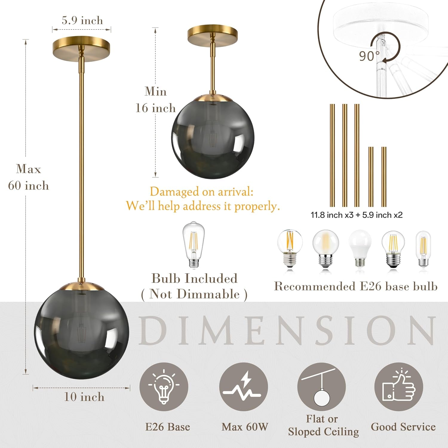 10 Inch Globe Pendant Light Gold Globe Pendant Lights Kitchen Island Mid Century Light Fixture with Gray Clear Glass Contemporary Adjustable Hanging Lights for Dining Room (Bulb Included)