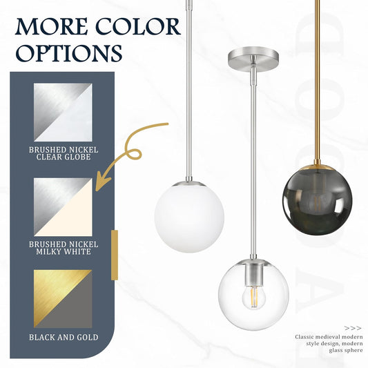 10 Inch Globe Pendant Light Gold Globe Pendant Lights Kitchen Island Mid Century Light Fixture with Gray Clear Glass Contemporary Adjustable Hanging Lights for Dining Room (Bulb Included)