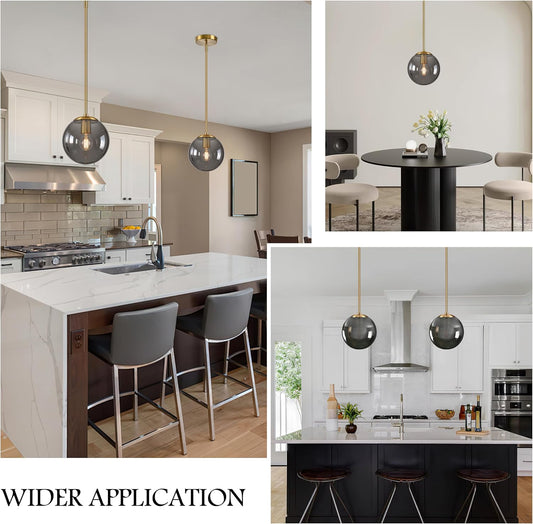 8 Inch Globe Pendant Light Gold Globe Pendant Lights Kitchen Island Mid Century Light Fixture with Gray Clear Glass Contemporary Adjustable Hanging Lights for Dining Room (Bulb Included)