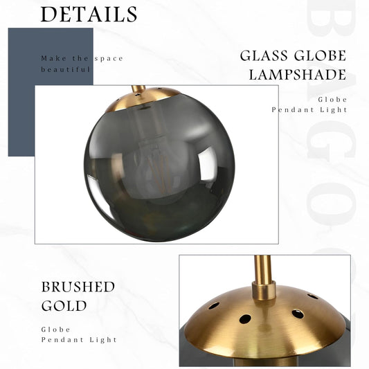 8 Inch Globe Pendant Light Gold Globe Pendant Lights Kitchen Island Mid Century Light Fixture with Gray Clear Glass Contemporary Adjustable Hanging Lights for Dining Room (Bulb Included)