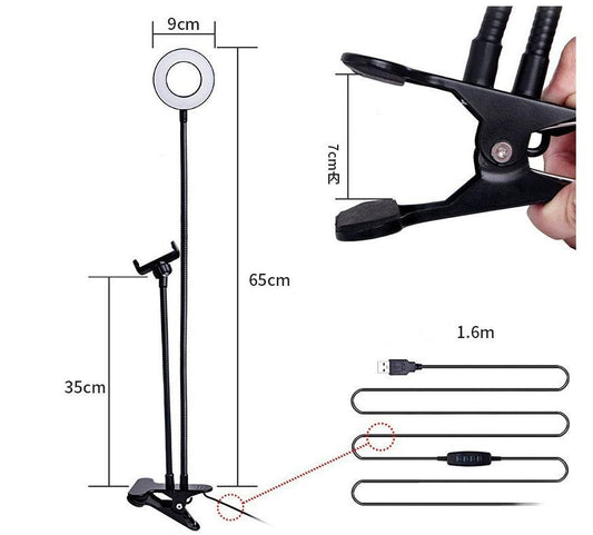 Portable LED selfie ring light for live streaming and makeup with adjustable brightness and color