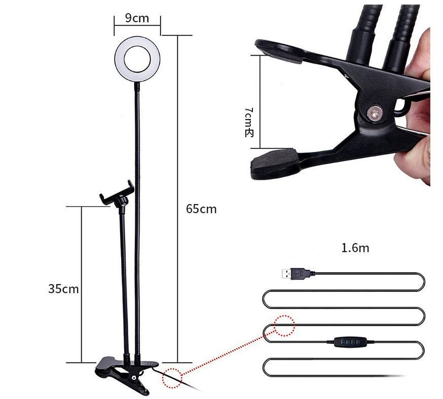 Portable LED selfie ring light for live streaming and makeup with adjustable brightness and color