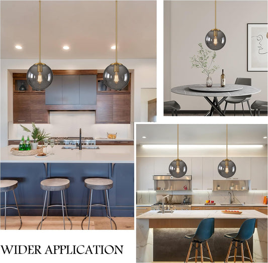 10 Inch Globe Pendant Light Gold Globe Pendant Lights Kitchen Island Mid Century Light Fixture with Gray Clear Glass Contemporary Adjustable Hanging Lights for Dining Room (Bulb Included)