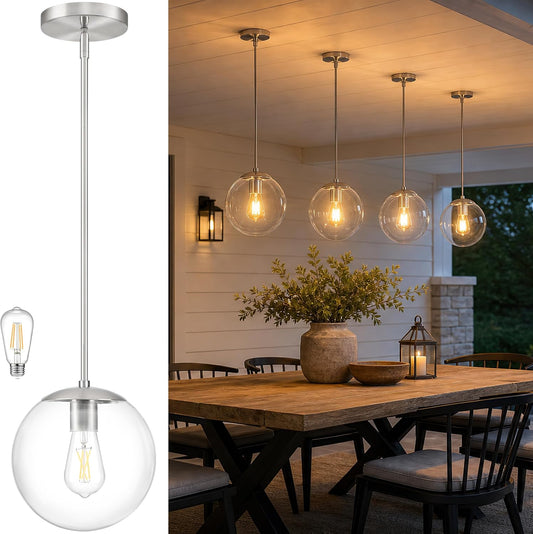 10 Inch Globe Pendant Light Nickel Globe Pendant Lights Kitchen Island Mid Century Light Fixture with Hight Clear Glass Contemporary Adjustable Hanging Lights for Dining Room (Bulb Included)