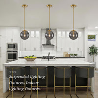 8 Inch Globe Pendant Light Gold Globe Pendant Lights Kitchen Island Mid Century Light Fixture with Gray Clear Glass Contemporary Adjustable Hanging Lights for Dining Room (Bulb Included)