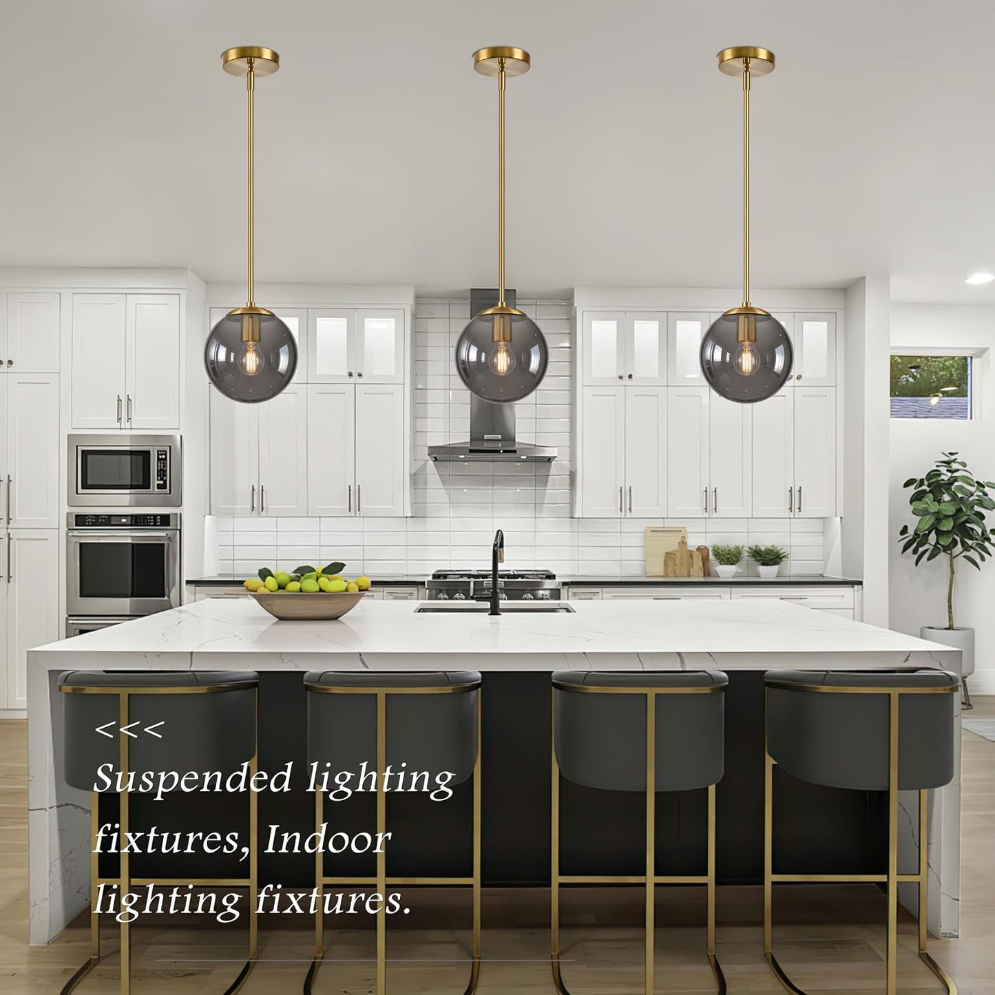 8 Inch Globe Pendant Light Gold Globe Pendant Lights Kitchen Island Mid Century Light Fixture with Gray Clear Glass Contemporary Adjustable Hanging Lights for Dining Room (Bulb Included)