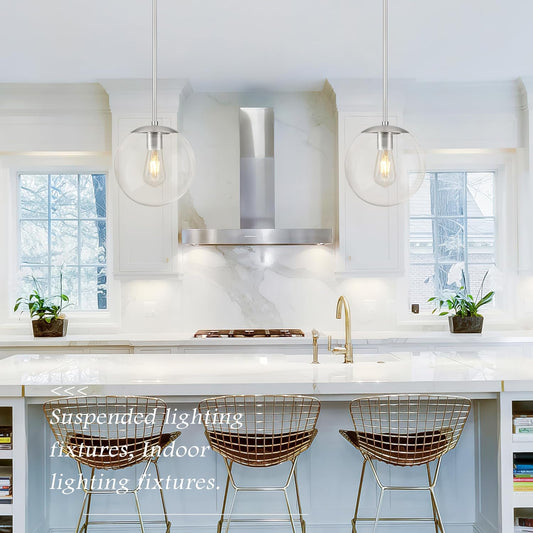 10 Inch Globe Pendant Light Nickel Globe Pendant Lights Kitchen Island Mid Century Light Fixture with Hight Clear Glass Contemporary Adjustable Hanging Lights for Dining Room (Bulb Included)
