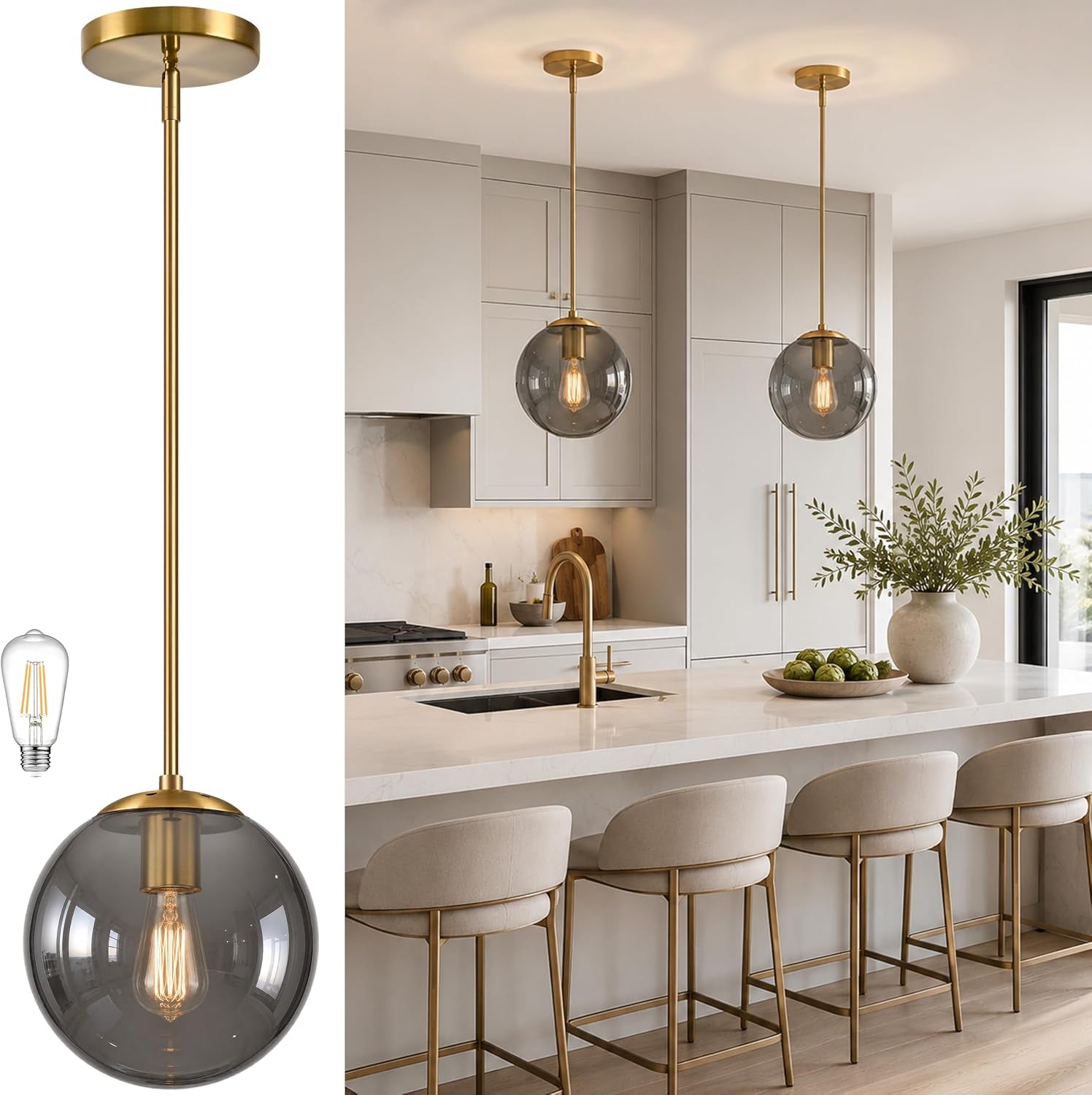 10 Inch Globe Pendant Light Gold Globe Pendant Lights Kitchen Island Mid Century Light Fixture with Gray Clear Glass Contemporary Adjustable Hanging Lights for Dining Room (Bulb Included)