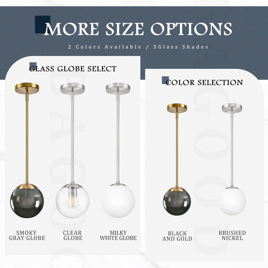 8 Inch Globe Pendant Light Gold Globe Pendant Lights Kitchen Island Mid Century Light Fixture with Gray Clear Glass Contemporary Adjustable Hanging Lights for Dining Room (Bulb Included)