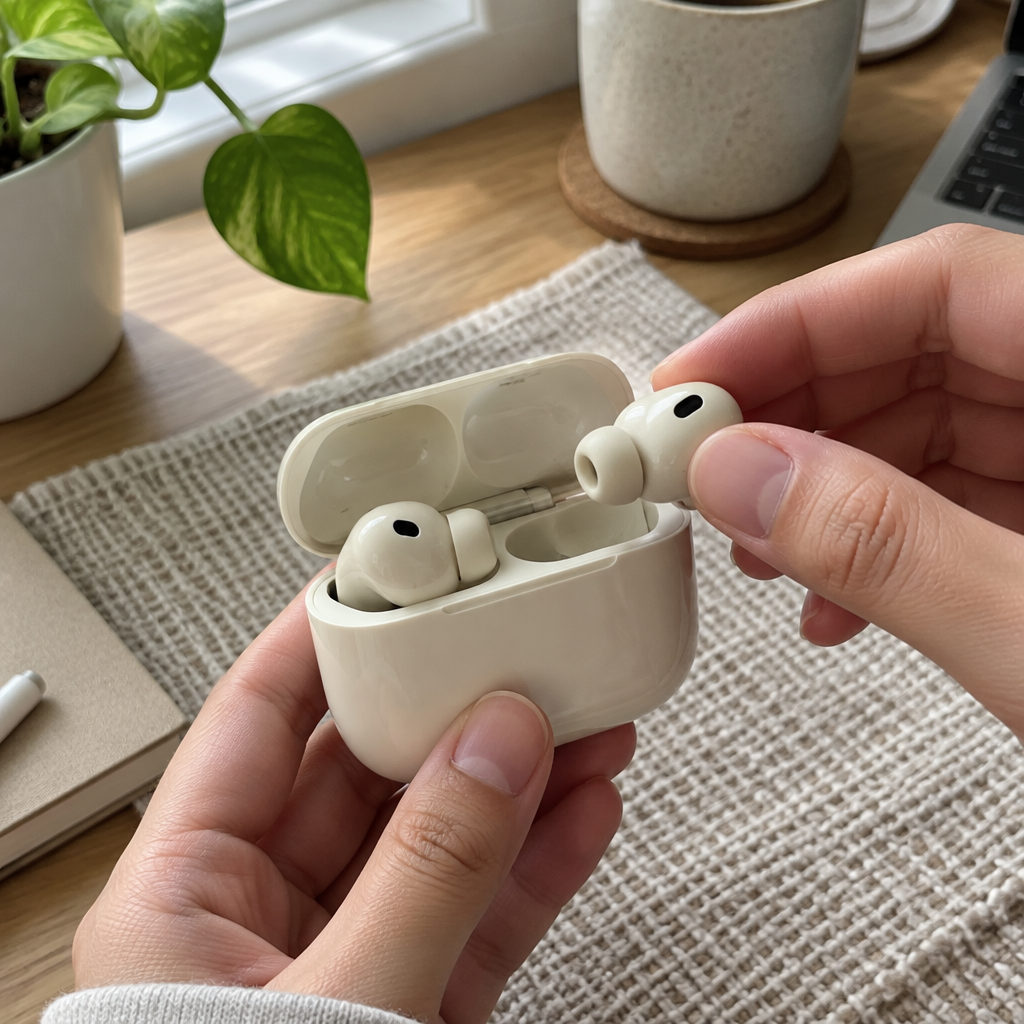 Earbuds being handled in a casual home setting