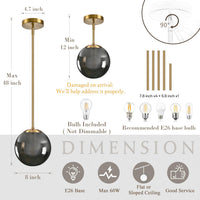8 Inch Globe Pendant Light Gold Globe Pendant Lights Kitchen Island Mid Century Light Fixture with Gray Clear Glass Contemporary Adjustable Hanging Lights for Dining Room (Bulb Included)