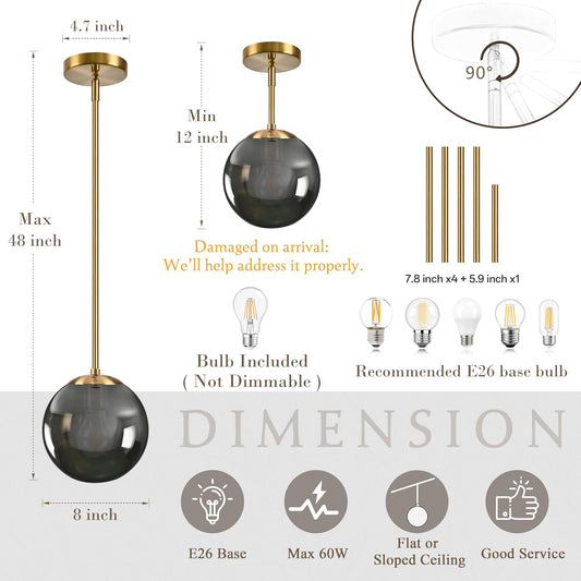 8 Inch Globe Pendant Light Gold Globe Pendant Lights Kitchen Island Mid Century Light Fixture with Gray Clear Glass Contemporary Adjustable Hanging Lights for Dining Room (Bulb Included)